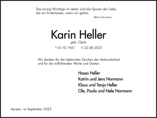 Traueranzeige von Karin Heller von Deister- und Weserzeitung