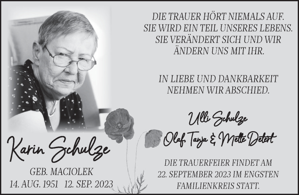  Traueranzeige für Karin Schulze vom 22.09.2023 aus Deister- und Weserzeitung
