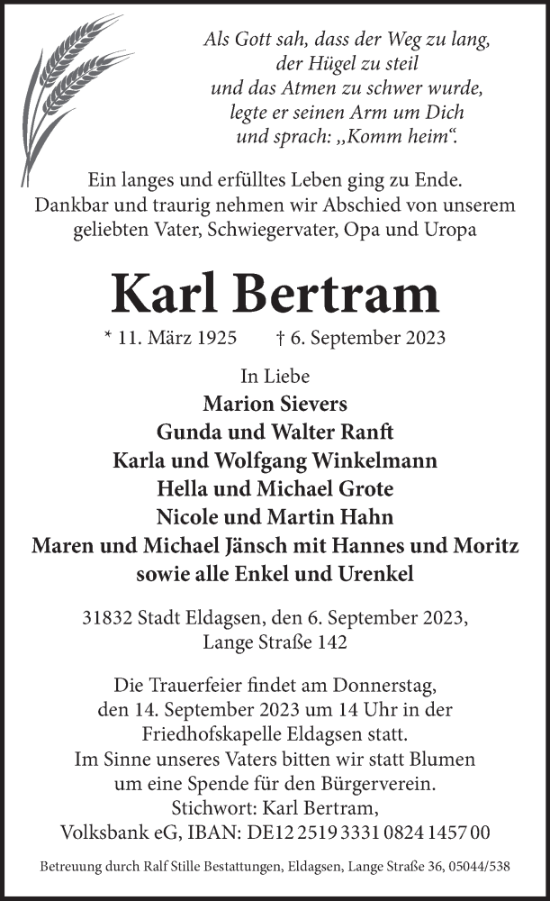  Traueranzeige für Karl Bertram vom 09.09.2023 aus Neue Deister-Zeitung