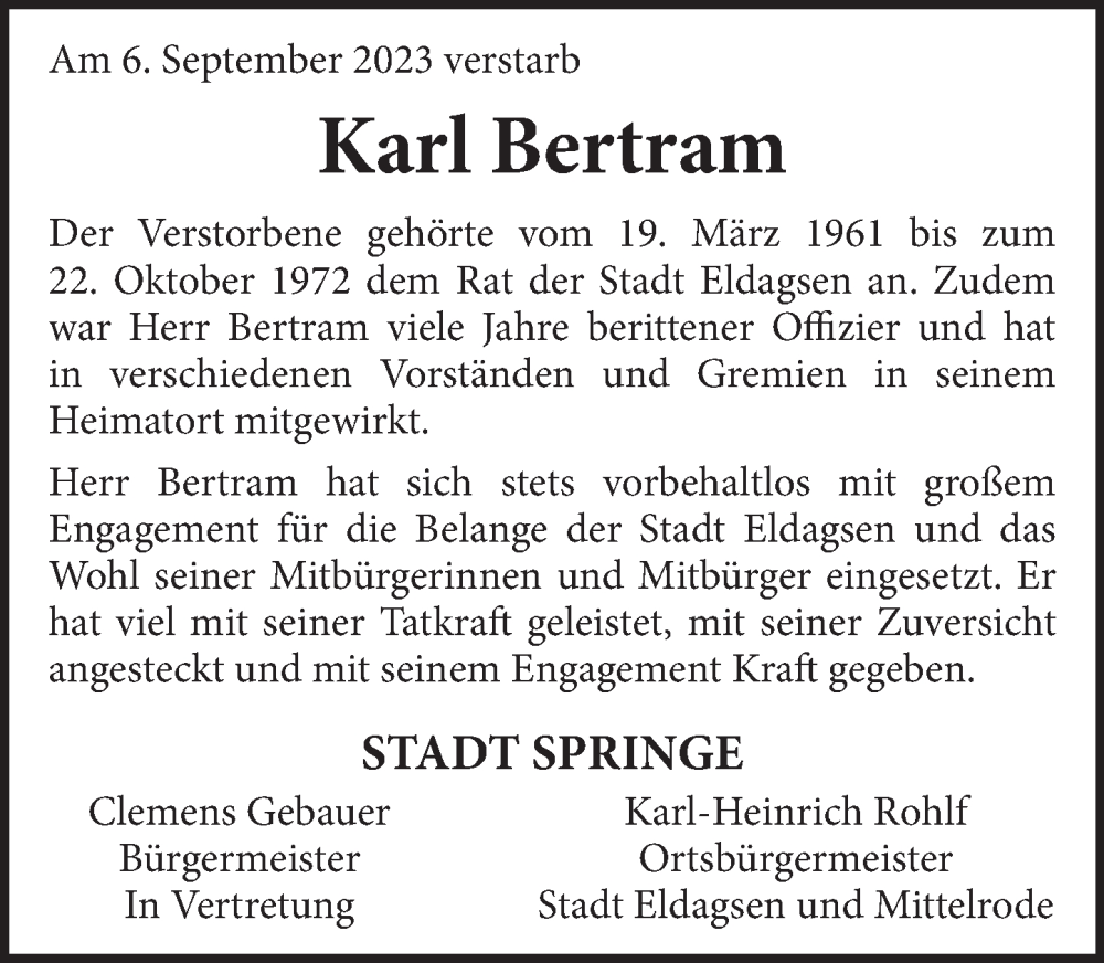  Traueranzeige für Karl Bertram vom 13.09.2023 aus Neue Deister-Zeitung