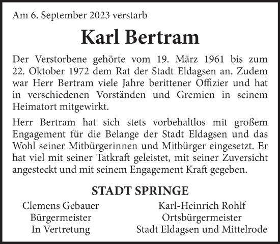 Traueranzeige von Karl Bertram von Neue Deister-Zeitung