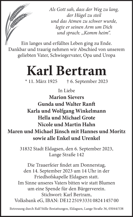 Traueranzeige von Karl Bertram von Neue Deister-Zeitung