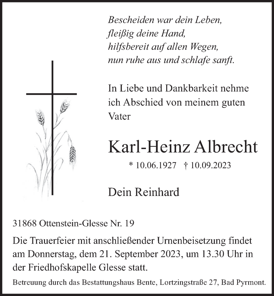  Traueranzeige für Karl-Heinz Albrecht vom 16.09.2023 aus Deister- und Weserzeitung