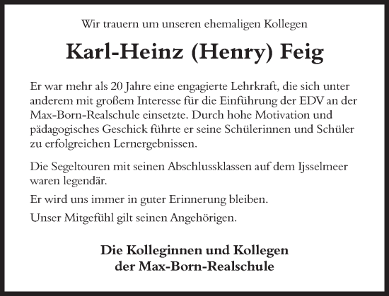 Traueranzeige von Karl-Heinz Feig von Deister- und Weserzeitung