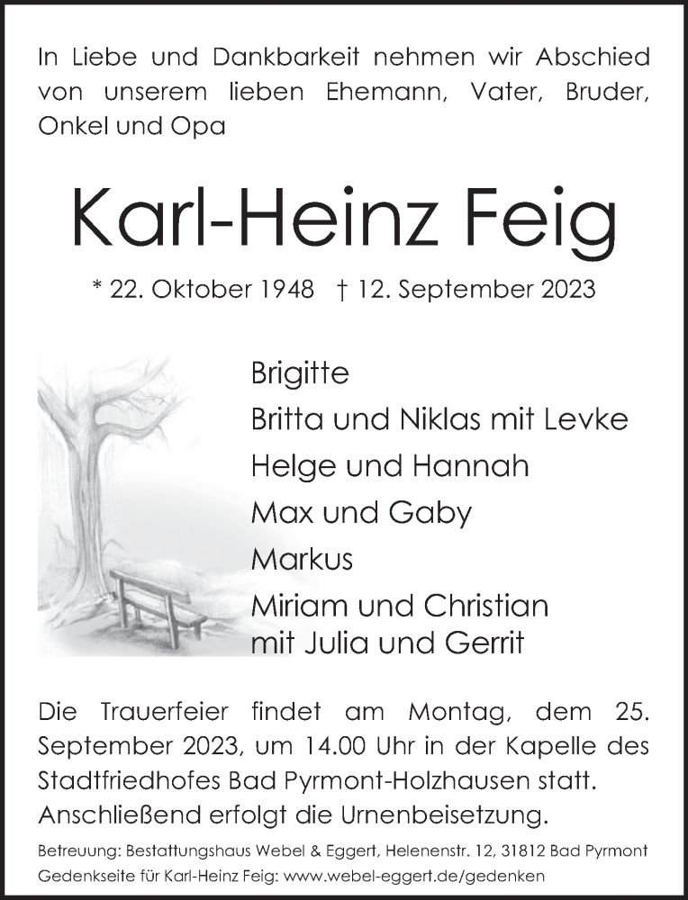  Traueranzeige für Karl-Heinz Feig vom 16.09.2023 aus Deister- und Weserzeitung