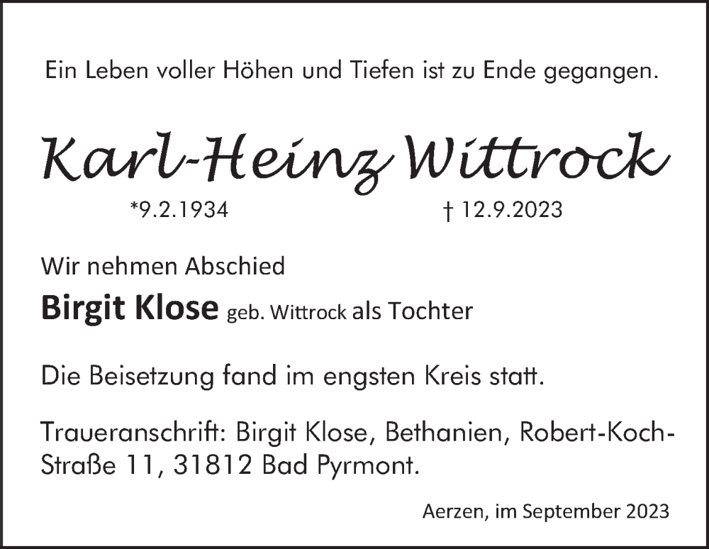  Traueranzeige für Karl-Heinz Wittrock vom 23.09.2023 aus Deister- und Weserzeitung