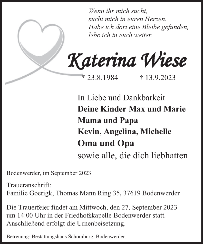  Traueranzeige für Katerina Wiese vom 16.09.2023 aus Deister- und Weserzeitung