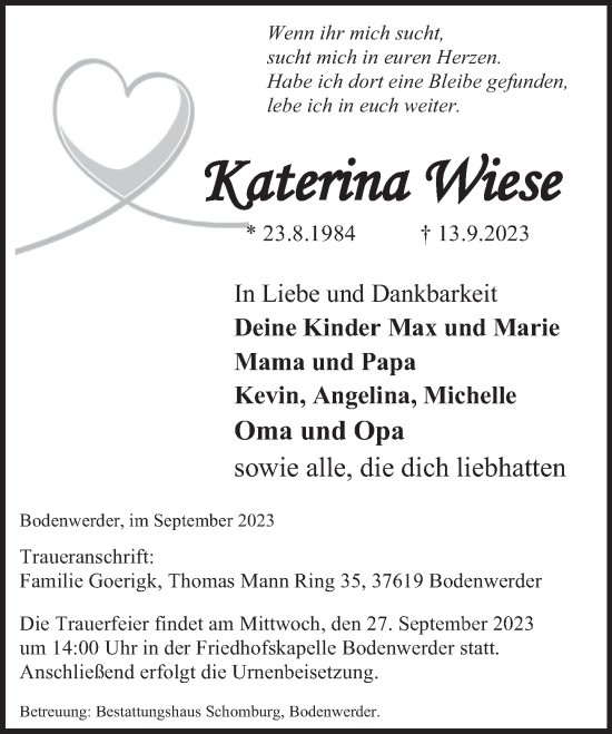 Traueranzeige von Katerina Wiese von Deister- und Weserzeitung