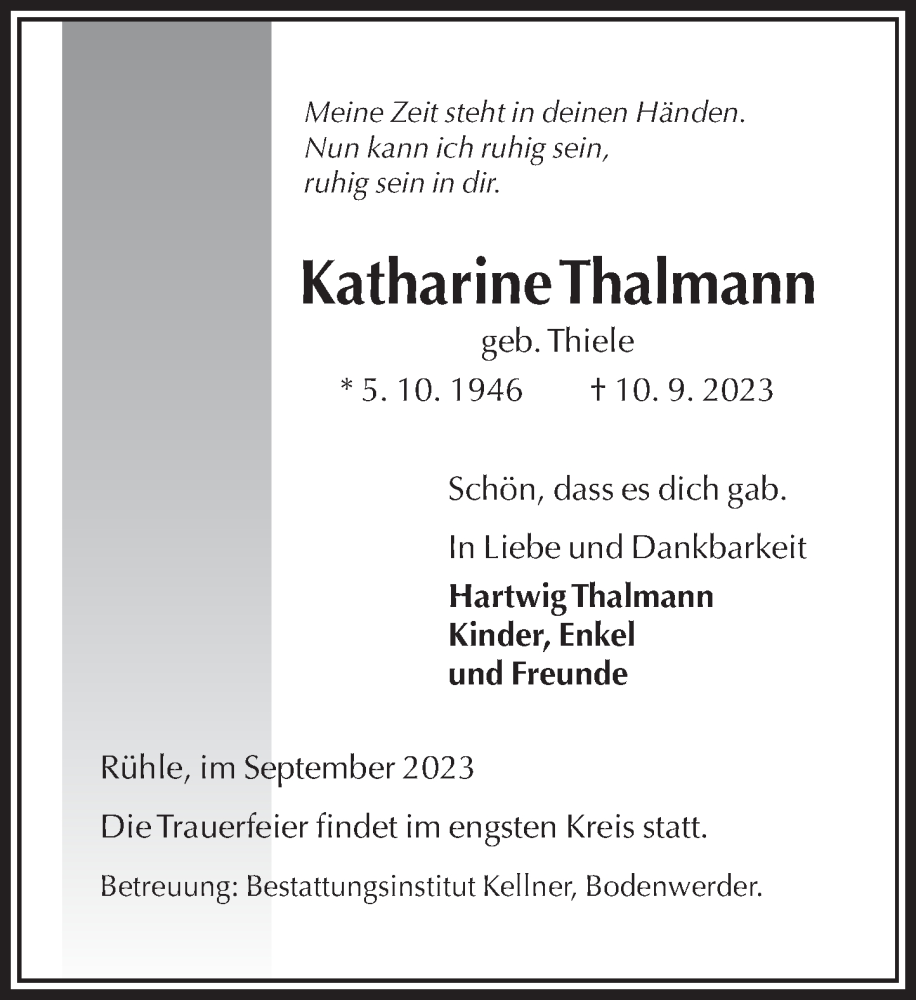  Traueranzeige für Katharine Thalmann vom 23.09.2023 aus Deister- und Weserzeitung