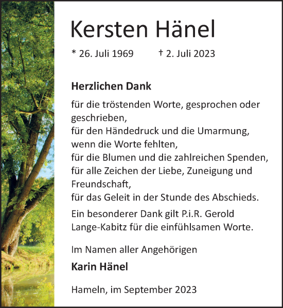 Traueranzeige von Kersten Hänel von Deister- und Weserzeitung