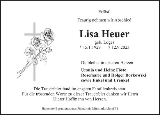 Traueranzeige von Lisa Heuer von Deister- und Weserzeitung