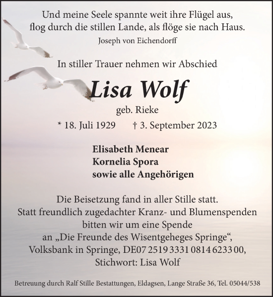 Traueranzeige von Lisa Wolf von Neue Deister-Zeitung