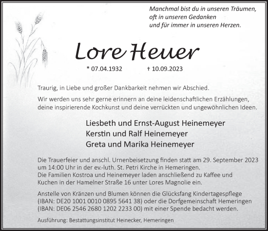 Traueranzeige von Lore Heuer von Deister- und Weserzeitung