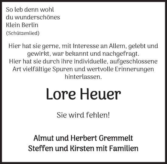 Traueranzeige von Lore Heuer von Deister- und Weserzeitung