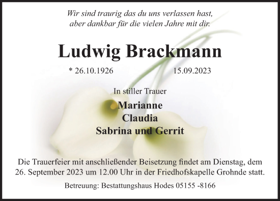 Traueranzeige von Ludwig Brackmann von Deister- und Weserzeitung