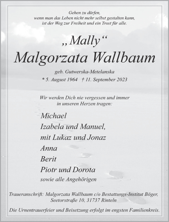 Traueranzeige von Malgorzata Wallbaum von Deister- und Weserzeitung