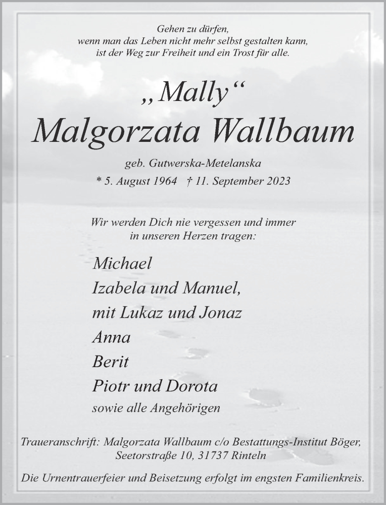  Traueranzeige für Malgorzata Wallbaum vom 19.09.2023 aus Deister- und Weserzeitung