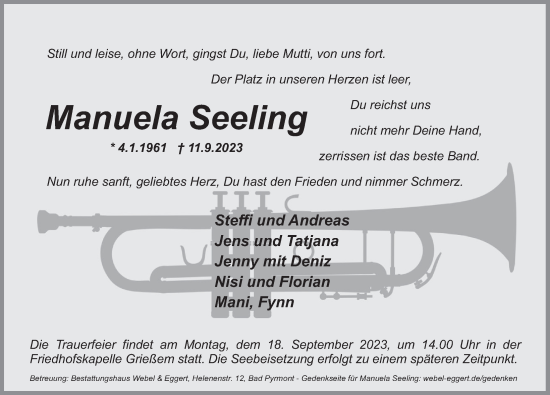 Traueranzeige von Manuela Seeling von Deister- und Weserzeitung