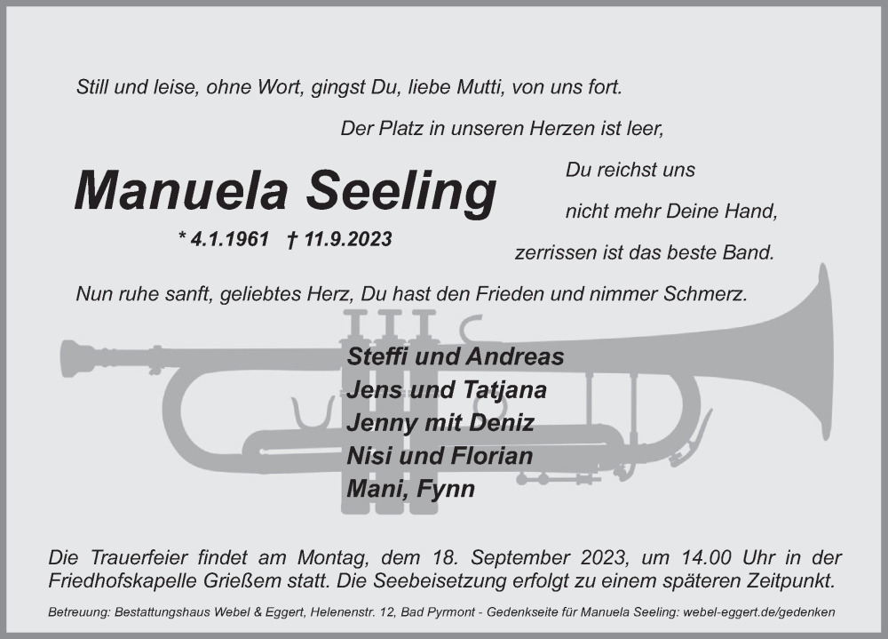  Traueranzeige für Manuela Seeling vom 15.09.2023 aus Deister- und Weserzeitung