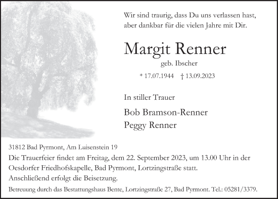 Traueranzeige von Margit Renner von Deister- und Weserzeitung