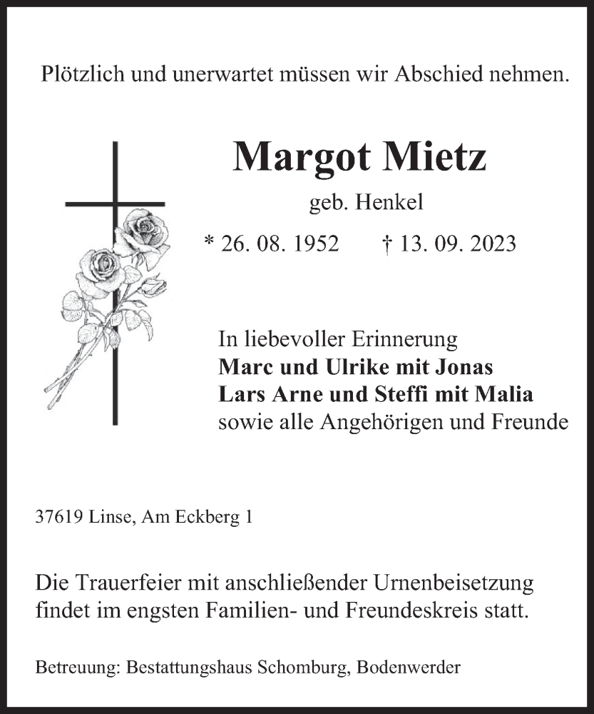  Traueranzeige für Margot Mietz vom 23.09.2023 aus Deister- und Weserzeitung