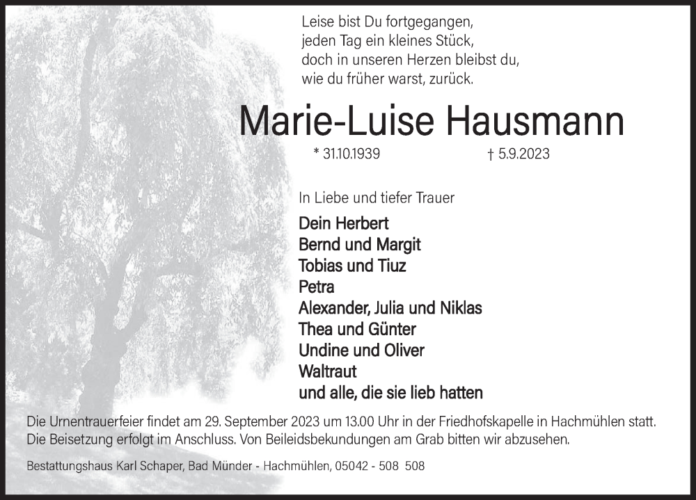  Traueranzeige für Marie-Luise Hausmann vom 23.09.2023 aus Deister- und Weserzeitung