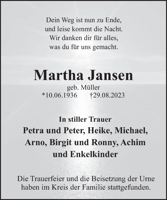 Traueranzeige von Martha Jansen von Deister- und Weserzeitung