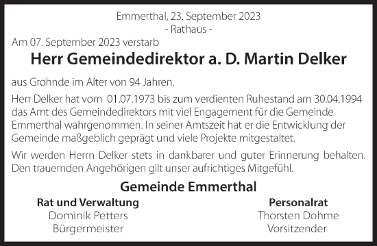 Traueranzeige von Martin Delker von Deister- und Weserzeitung