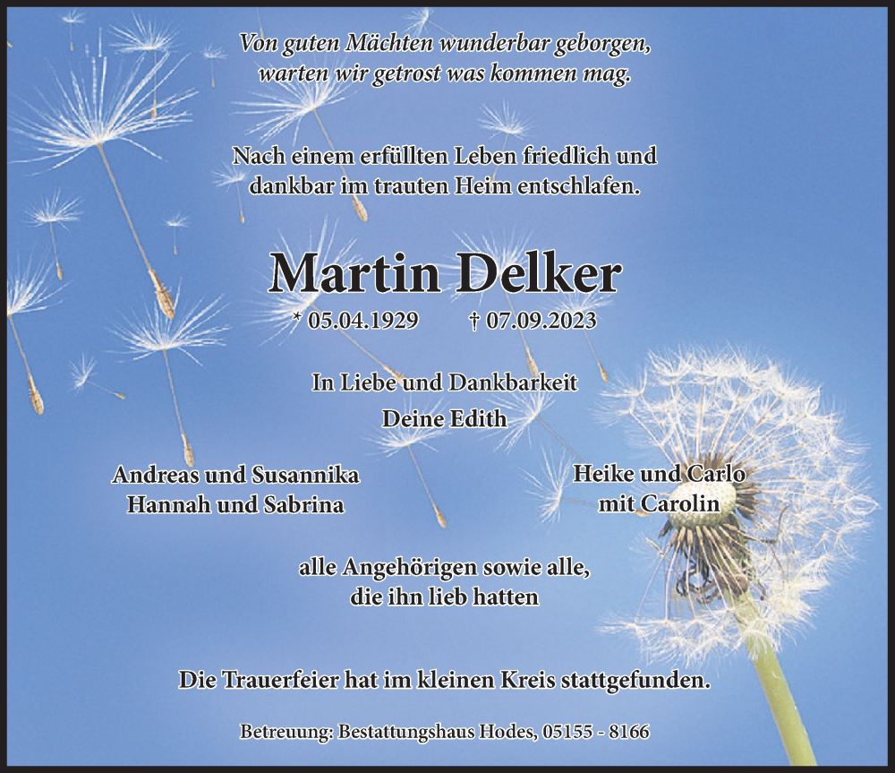  Traueranzeige für Martin Delker vom 23.09.2023 aus Deister- und Weserzeitung