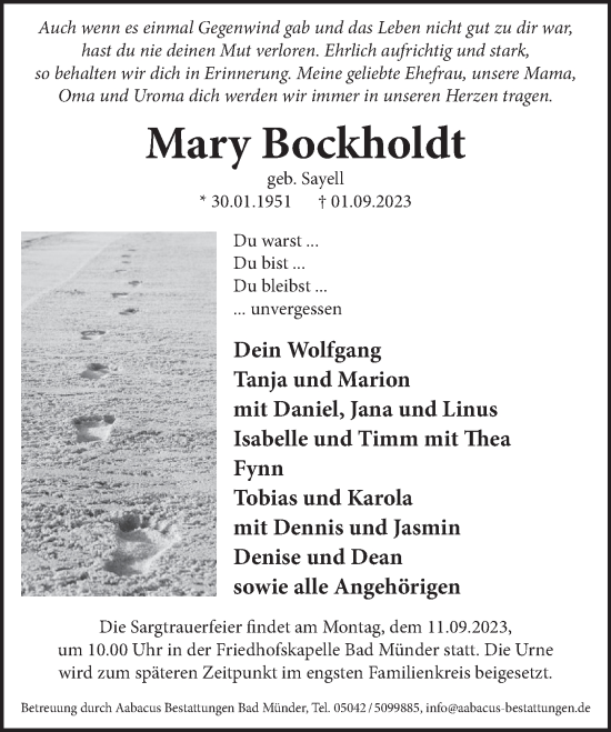 Traueranzeige von Mary Bockholdt von Neue Deister-Zeitung