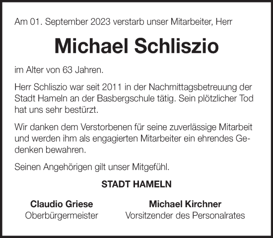 Traueranzeige von Michael Schliszio von Deister- und Weserzeitung