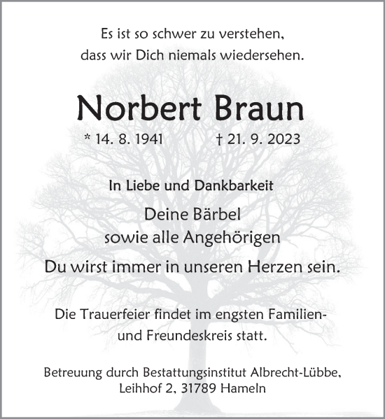 Traueranzeige von Norbert Braun von Deister- und Weserzeitung