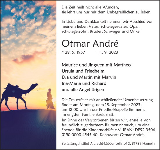 Traueranzeige von Otmar André von Deister- und Weserzeitung