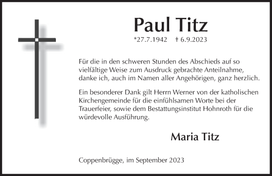 Traueranzeige von Paul Titz von Deister- und Weserzeitung