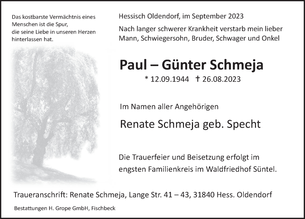  Traueranzeige für Paul Günter Schmeja vom 16.09.2023 aus Deister- und Weserzeitung