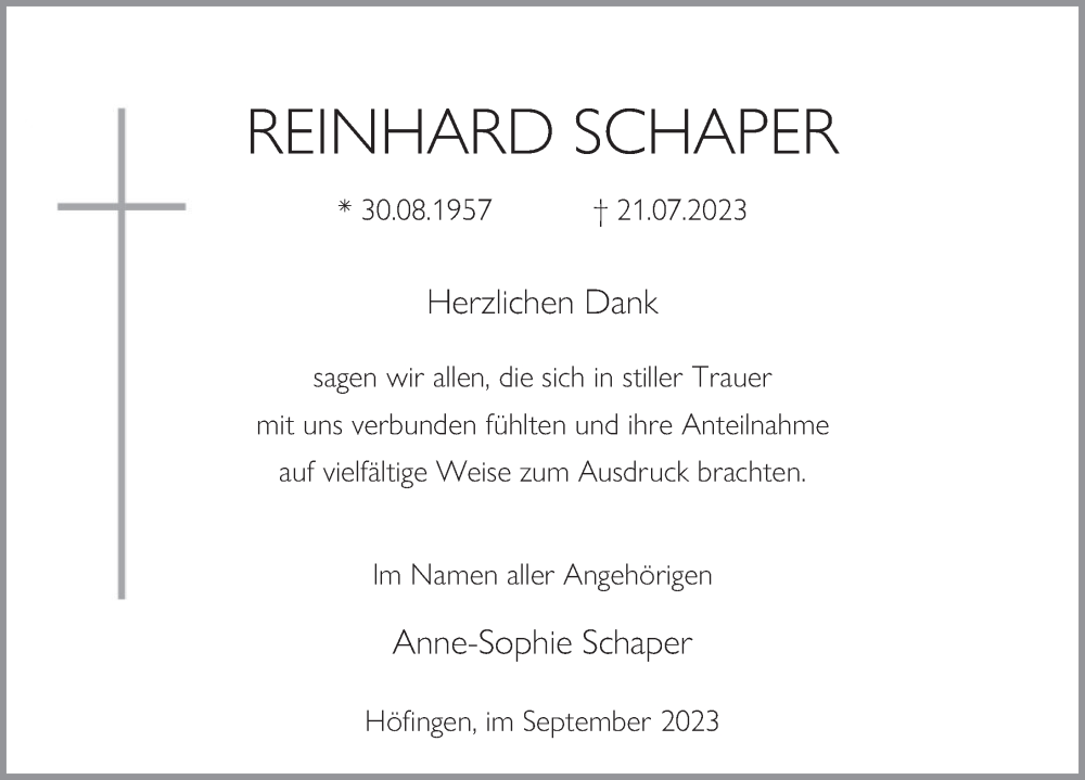  Traueranzeige für Reinhard Schaper vom 16.09.2023 aus Deister- und Weserzeitung
