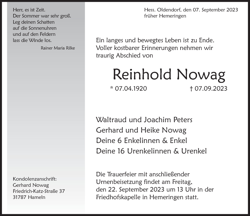  Traueranzeige für Reinhold Nowag vom 18.09.2023 aus Deister- und Weserzeitung