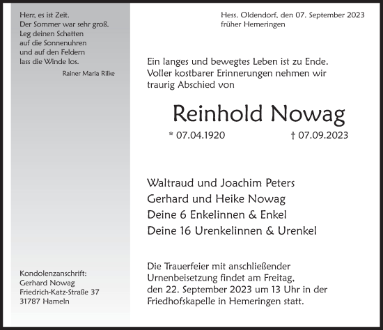 Traueranzeige von Reinhold Nowag von Deister- und Weserzeitung
