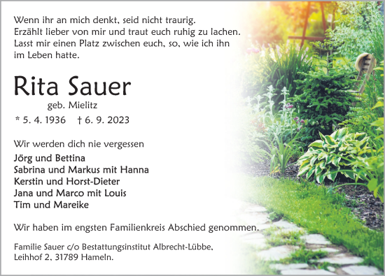 Traueranzeige von Rita Sauer von Deister- und Weserzeitung