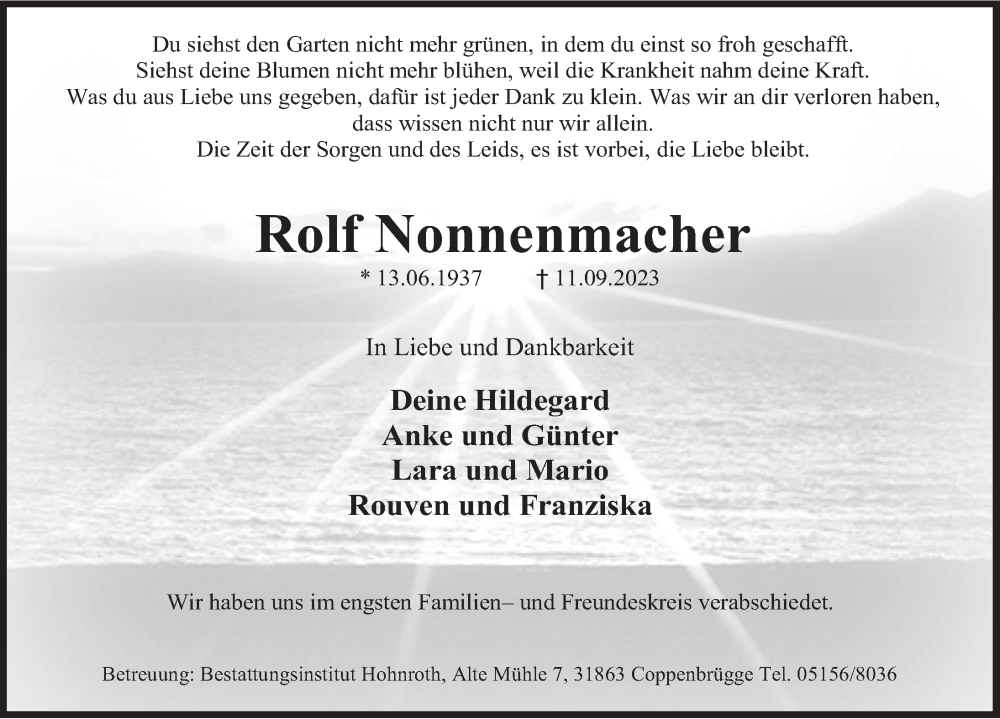  Traueranzeige für Rolf Nonnenmacher vom 23.09.2023 aus Deister- und Weserzeitung