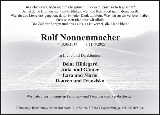 Traueranzeige von Rolf Nonnenmacher von Deister- und Weserzeitung