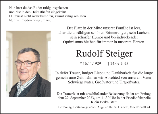 Traueranzeige von Rudolf Steiger von Deister- und Weserzeitung