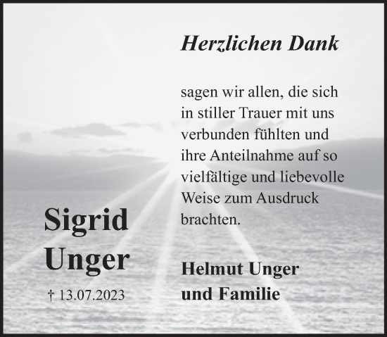 Traueranzeige von Sigrid Unger von Deister- und Weserzeitung