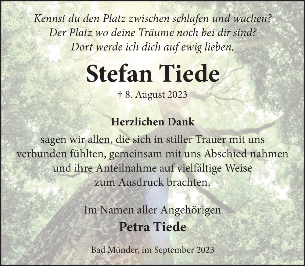  Traueranzeige für Stefan Tiede vom 09.09.2023 aus Neue Deister-Zeitung