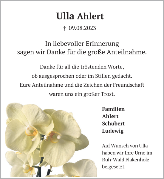 Traueranzeige von Ulla Ahlert von Deister- und Weserzeitung