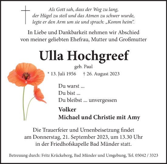 Traueranzeige von Ulla Hochgreef von Neue Deister-Zeitung