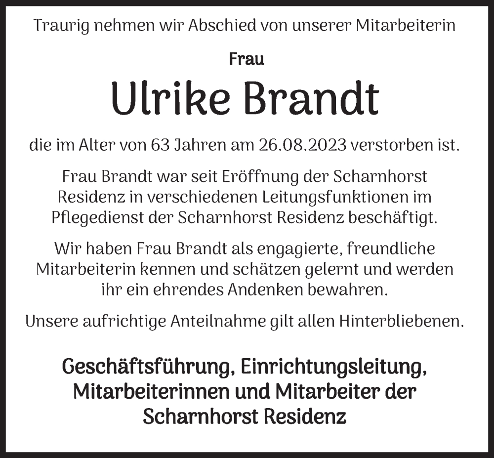  Traueranzeige für Ulrike Brandt vom 06.09.2023 aus Deister- und Weserzeitung