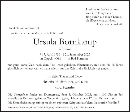 Traueranzeige von Ursula Bornkamp von Deister- und Weserzeitung