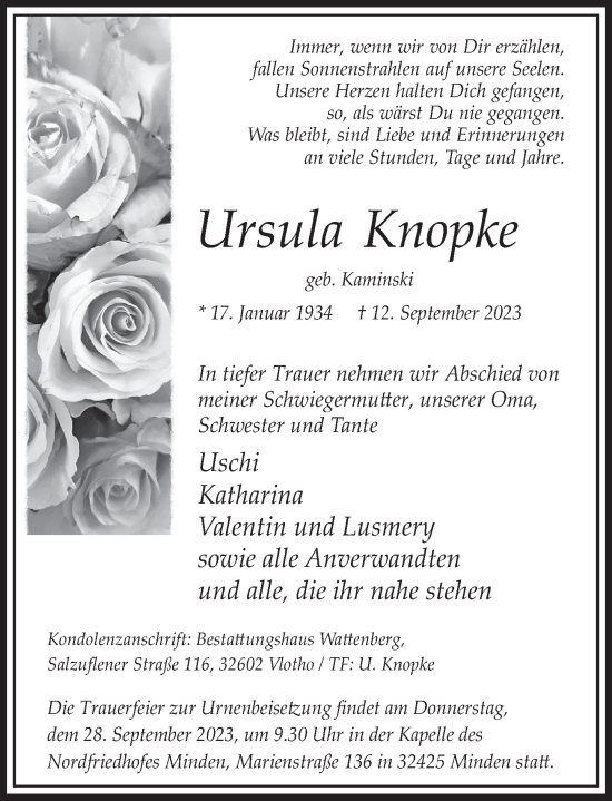 Traueranzeige von Ursula Knopke von Deister- und Weserzeitung