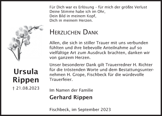 Traueranzeige von Ursula Rippen von Deister- und Weserzeitung